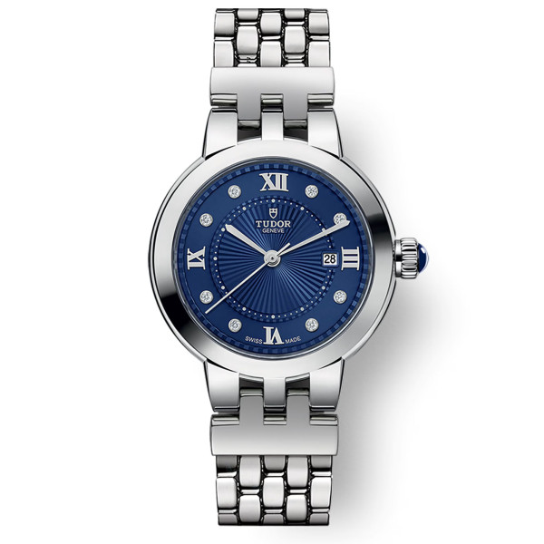 Tudor Clair de Rose automatic watch with diamond markers and Roman numerals blue dial steel bracelet 30 mm