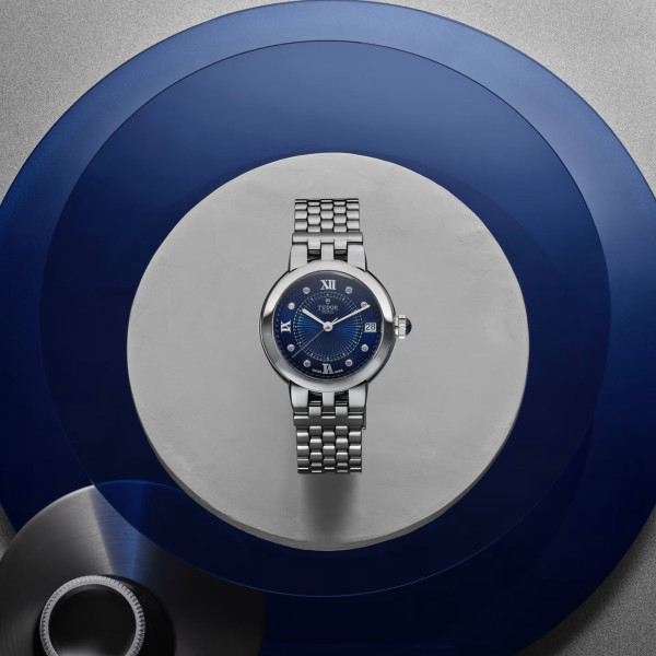 Tudor Clair de Rose automatic watch with diamond markers and Roman numerals blue dial steel bracelet 30 mm