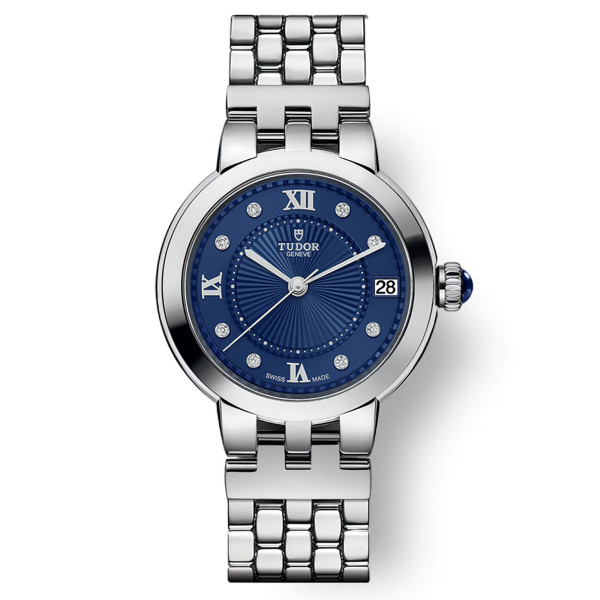 Tudor Clair de Rose automatic watch with diamond markers and Roman numerals blue dial steel bracelet 34 mm