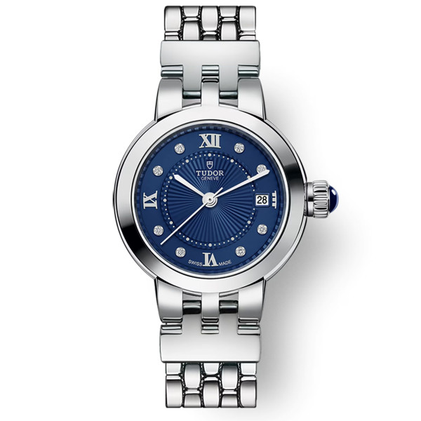 Tudor Clair de Rose automatic watch with diamond markers and Roman numerals blue dial steel bracelet 26 mm