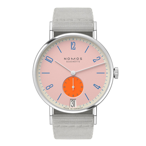 Nomos Tangente 38 Date Flamingopink watch - Limited 175 years mechanical grey textile bracelet 37.5 mm
