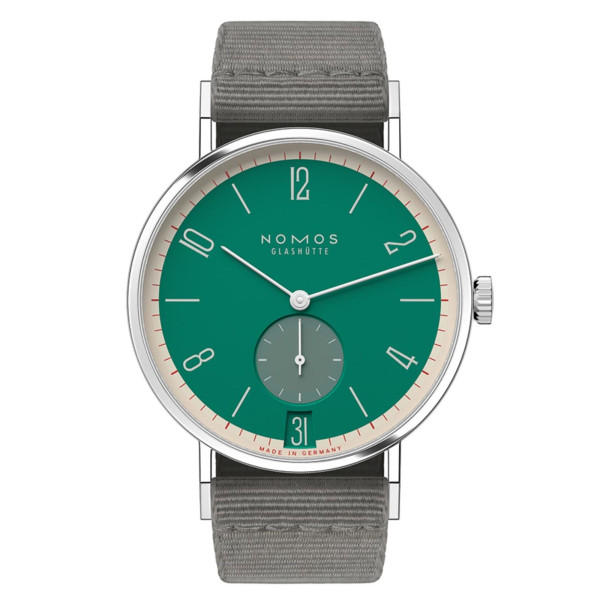 Montre Nomos Tangente 38 Date Schlossgrün - Ed. limitée 175 ans mécanique bracelet textile gris 37,5 mm