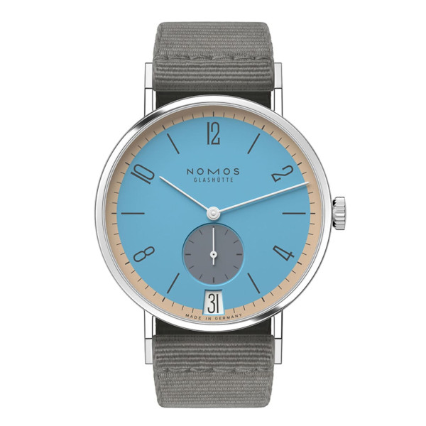 Nomos Tangente 38 Date Delfin watch - Limited 175-year mechanical edition grey 37.5 mm textile bracelet