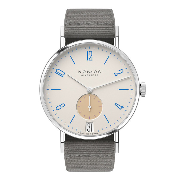 Nomos Tangente 38 Date Schulhausweiß Watch - Limited 175 years mechanical grey textile bracelet 37,5 mm