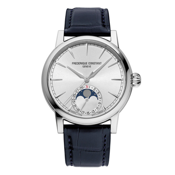 Frédérique Constant Classic Moonphase Date automatic Watch silver dial blue alligator leather strap 40 mm
