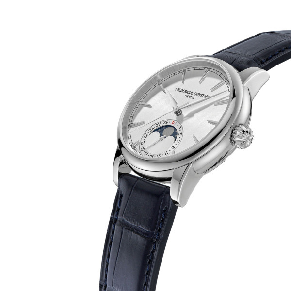 Montre Frédérique Constant Classic Moonphase Date automatique cadran argenté bracelet cuir alligator bleu 40 mm FC716S3H6