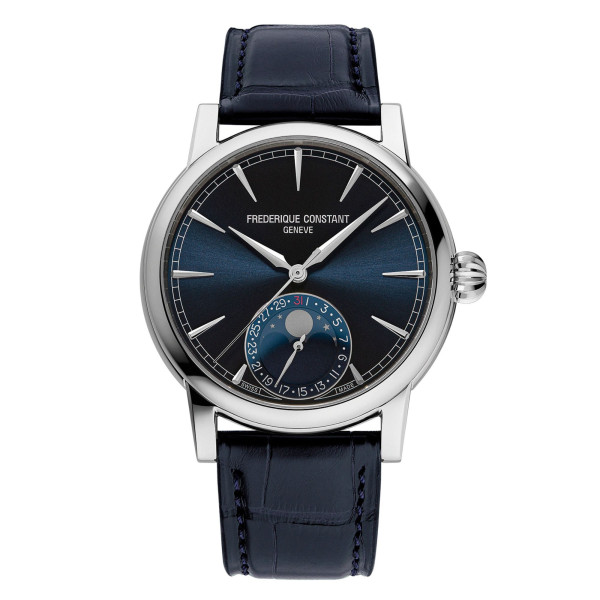 Montre Frédérique Constant Classic Moonphase Date automatique cadran bleu bracelet cuir alligator bleu 40 mm