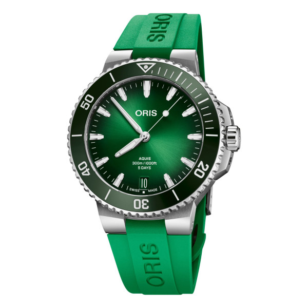 Oris Plongée Aquis Date Caliber 400 watch green dial automatic green rubber strap 43,5 mm