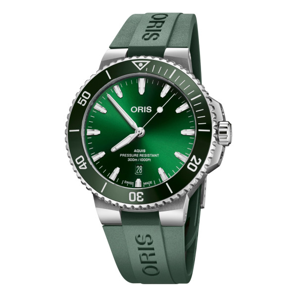 Montre Oris Plongée Aquis Date Calibre 733 automatique cadran vert bracelet caoutchouc vert 43,5 mm