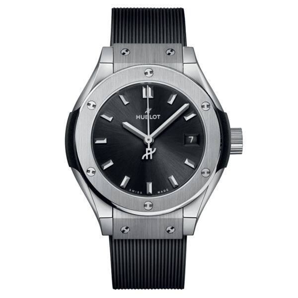 Hublot Classic Fusion Titanium quartz watch black dial black rubber strap 29 mm 591.NX.1470.RX