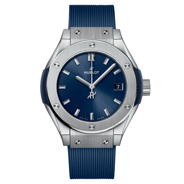 Hublot Classic Fusion Titanium Blue automatic watch blue dial blue rubber strap 29 mm 591.NX.7170.RX