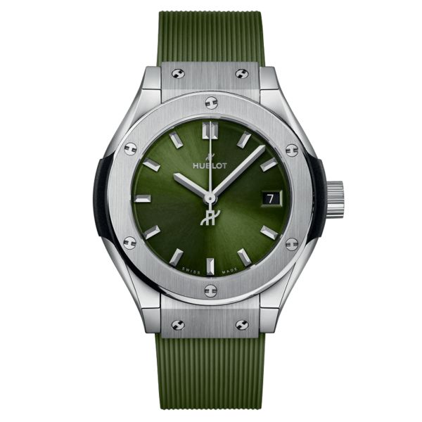 Hublot Classic Fusion Titanium Green quartz watch green dial green rubber strap 29 mm 591.NX.8970.RX