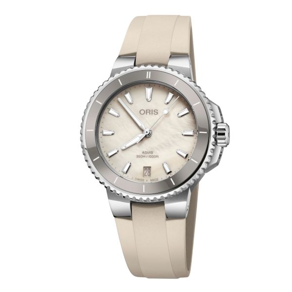 Montre Oris Plongée Aquis Date Calibre 733 automatique cadran nacre blanche bracelet caoutchouc créme 36,5 mm