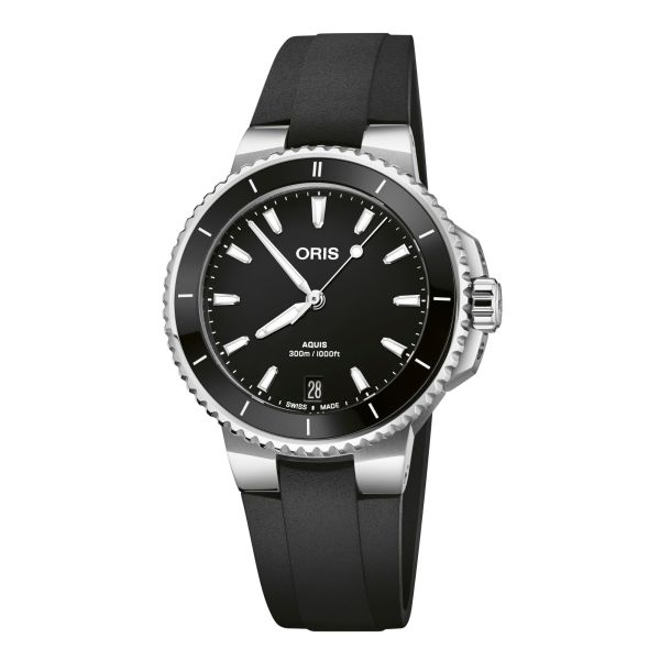 Montre Oris Plongée Aquis Date Calibre 733 automatique cadran noir bracelet caoutchouc noir 36,5 mm