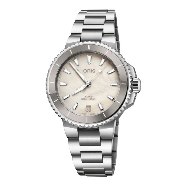 Oris Plongée Aquis Date Caliber 733 watch white mother-of-pearl dial automatic steel bracelet 36,5 mm