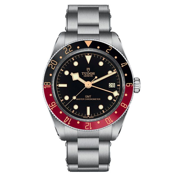 Tudor Black Bay 58 GMT automatic watch black and burgundy bezel black dial three-mesh steel bracelet 39 mm