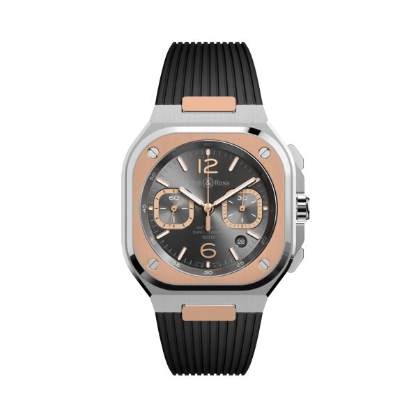 Montre Bell & Ross BR 05 Chrono Grey Steel & Gold automatique cadran ruthénium bracelet caoutchouc 42 mm