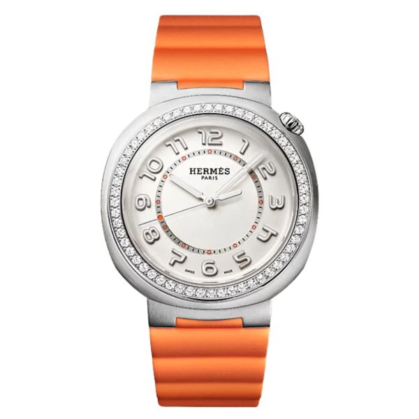 HERMÈS Cut Grand Modèle automatic watch set bezel silver dial orange rubber strap 36 mm