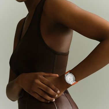 HERMÈS Cut Grand Modèle automatic watch silver dial orange rubber strap 36 mm