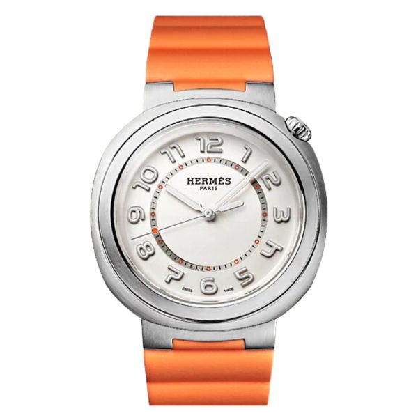 HERMÈS Cut Grand Modèle automatic watch silver dial orange rubber strap 36 mm