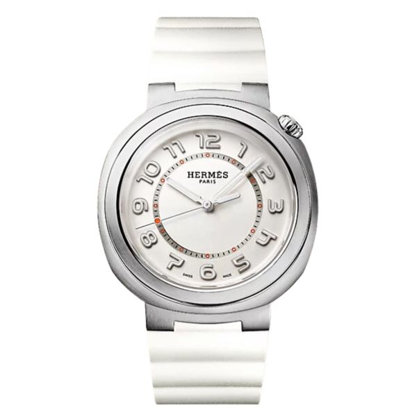 HERMÈS Cut Grand Modèle automatic watch silver dial white rubber strap 36 mmW403208WW00