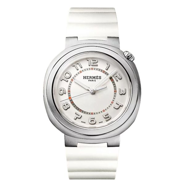 Montre HERMÈS Cut Grand Modèle automatique cadran argenté bracelet caoutchouc blanc 36 mm