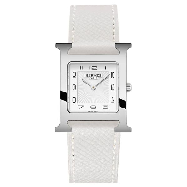Montre HERMÈS Heure H Moyen Modèle quartz cadran blanc bracelet cuir blanc 30 mm