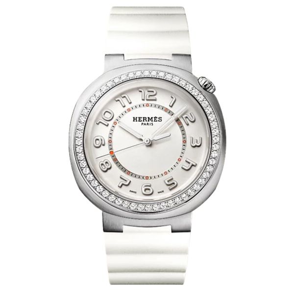 HERMÈS Cut Grand Modèle automatic watch set bezel silver dial white rubber strap 36 mm