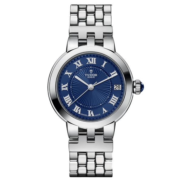 Tudor Clair de Rose watch automatic index Roman numerals blue dial steel bracelet 34 mm