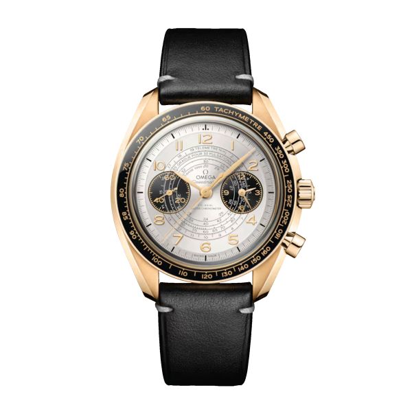 Montre Omega Speedmaster Chronoscope "Paris 2024" Jeux Olympique Chronographe Or Moonshine cadran argent bracelet cuir 43 mm