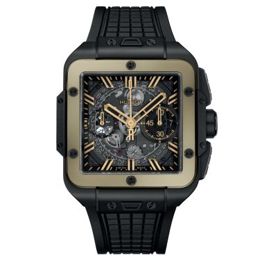 Montre Hublot Square Bang Unico Ceramic Magic Gold automatique cadran squelette bracelet caoutchouc noir 42 mm 821.CM.0130.RX