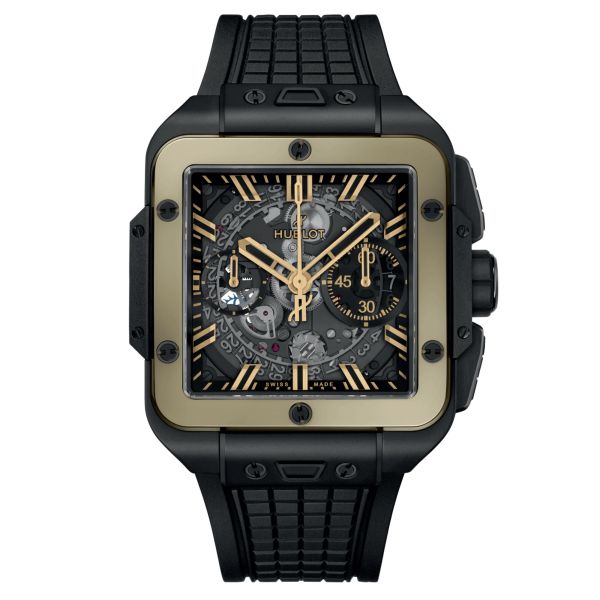 Hublot Square Bang Unico Ceramic Magic Gold automatic watch skeleton dial black rubber strap 42 mm 821.CM.0130.RX