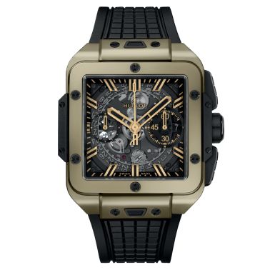 Hublot Square Bang Unico Magic Gold automatic watch skeleton dial black rubber strap 42 mm 821.MX.0130.RX