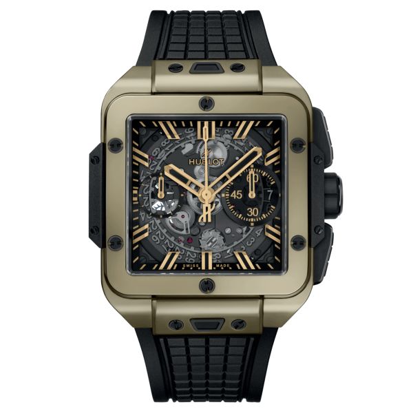 Hublot Square Bang Unico Magic Gold automatic watch skeleton dial black rubber strap 42 mm 821.MX.0130.RX