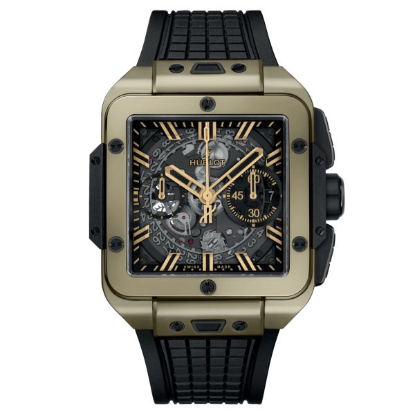 Montre Hublot Square Bang Unico Magic Gold automatique cadran squelette bracelet caoutchouc noir 42 mm 821.MX.0130.RX