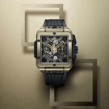 Hublot Square Bang Unico Magic Gold automatic watch skeleton dial black rubber strap 42 mm 821.MX.0130.RX