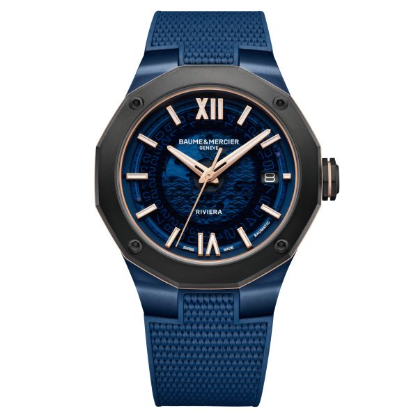 Montre Baume et Mercier Riviera acier titane automatique cadran bleu transparent bracelet caoutchouc bleu 42 mm 10769