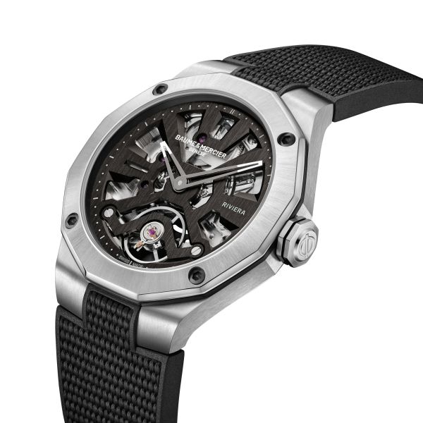 Baume et Mercier Riviera automatic watch skeleton dial black rubber strap 42 mm 10721