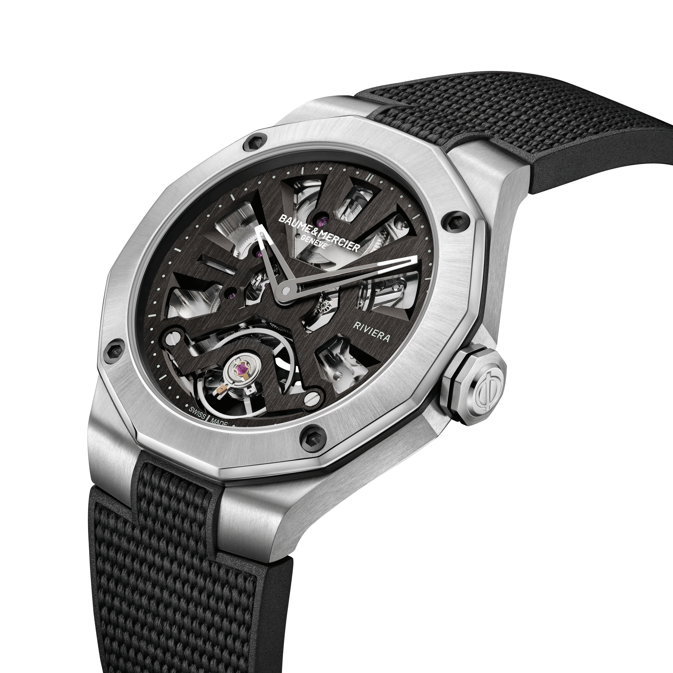 Baume et Mercier Riviera automatic watch skeleton dial black rubber strap 42 mm 10721