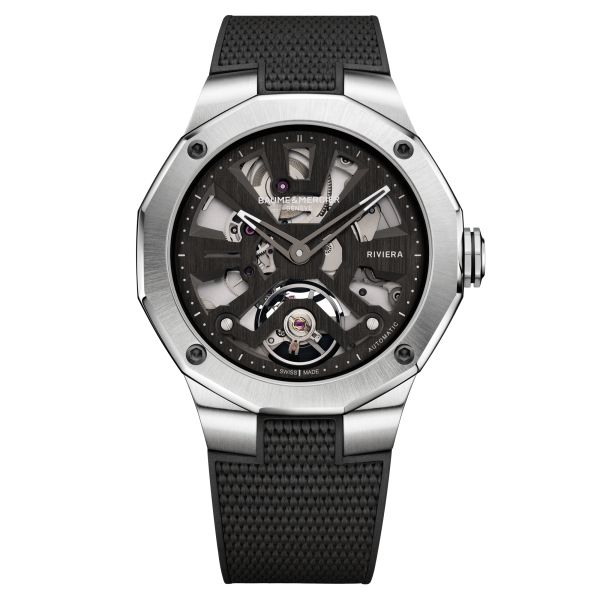 Baume et Mercier Riviera automatic watch skeleton dial black rubber strap 42 mm 10721