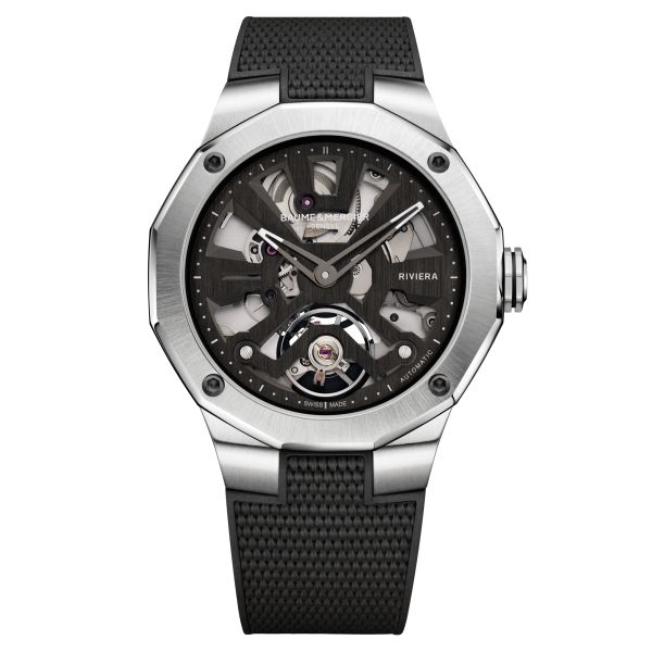 Montre Baume et Mercier Riviera automatique cadran squelette bracelet caoutchouc noir 42 mm 10721