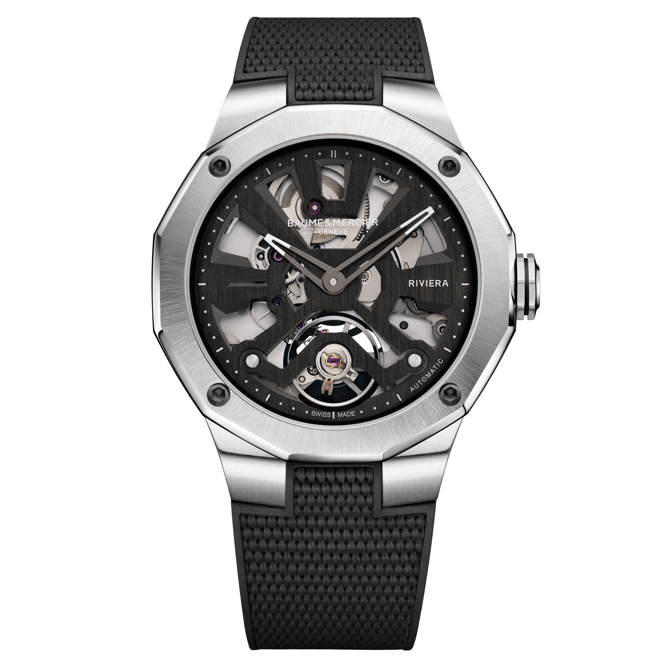 Baume et Mercier Riviera automatic watch skeleton dial black rubber strap 42 mm 10721