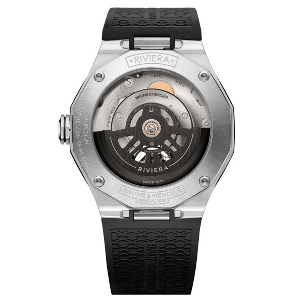 Baume et Mercier Riviera automatic watch skeleton dial black rubber strap 42 mm 10721