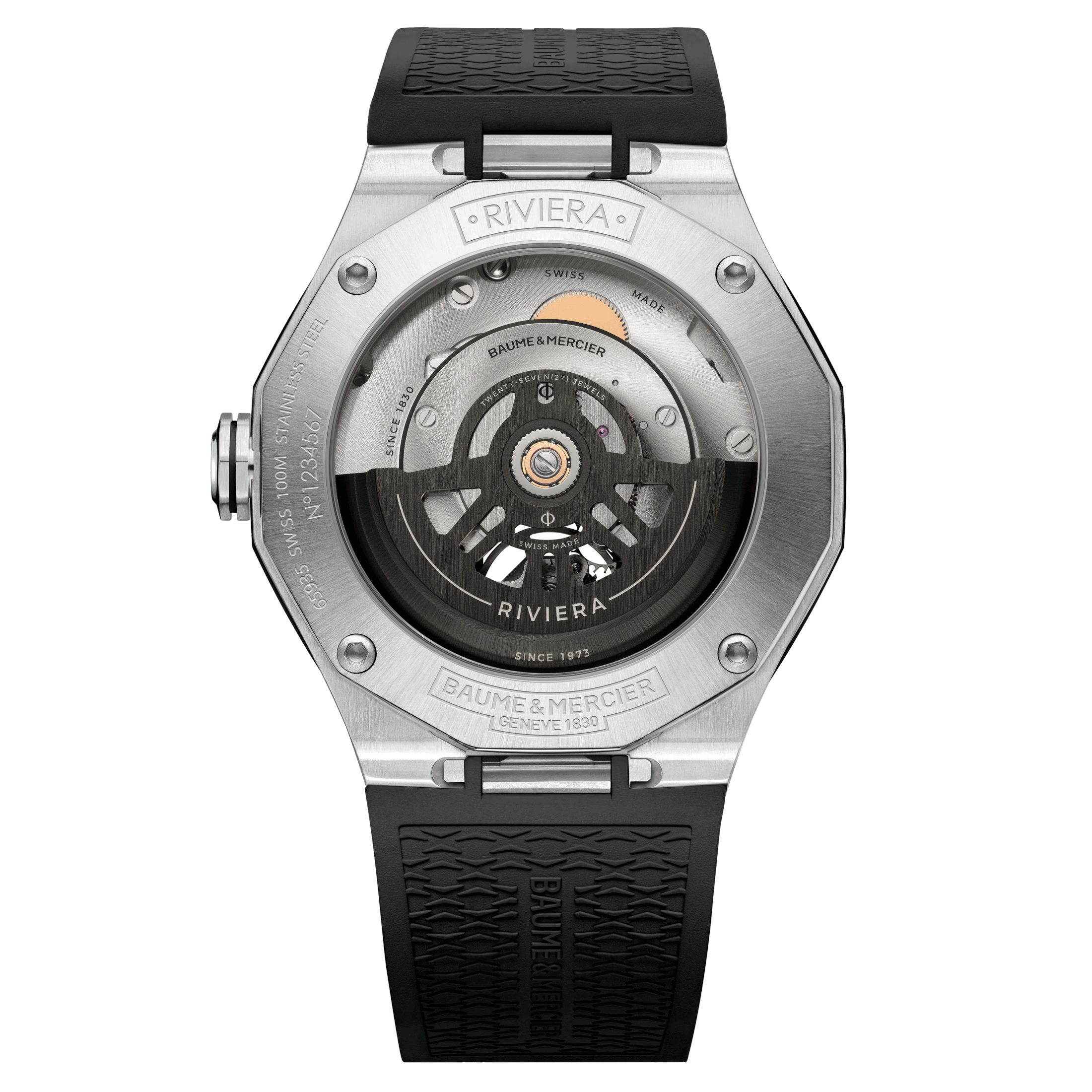 Baume et Mercier Riviera automatic watch skeleton dial black rubber strap 42 mm 10721