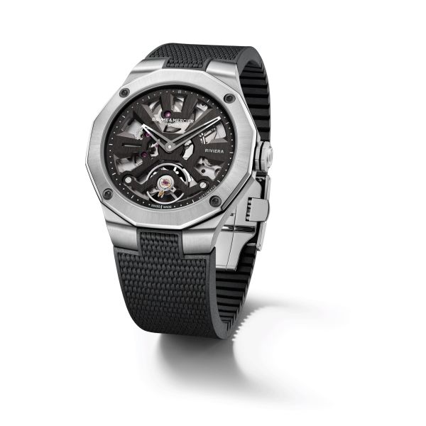 Baume et Mercier Riviera automatic watch skeleton dial black rubber strap 42 mm 10721