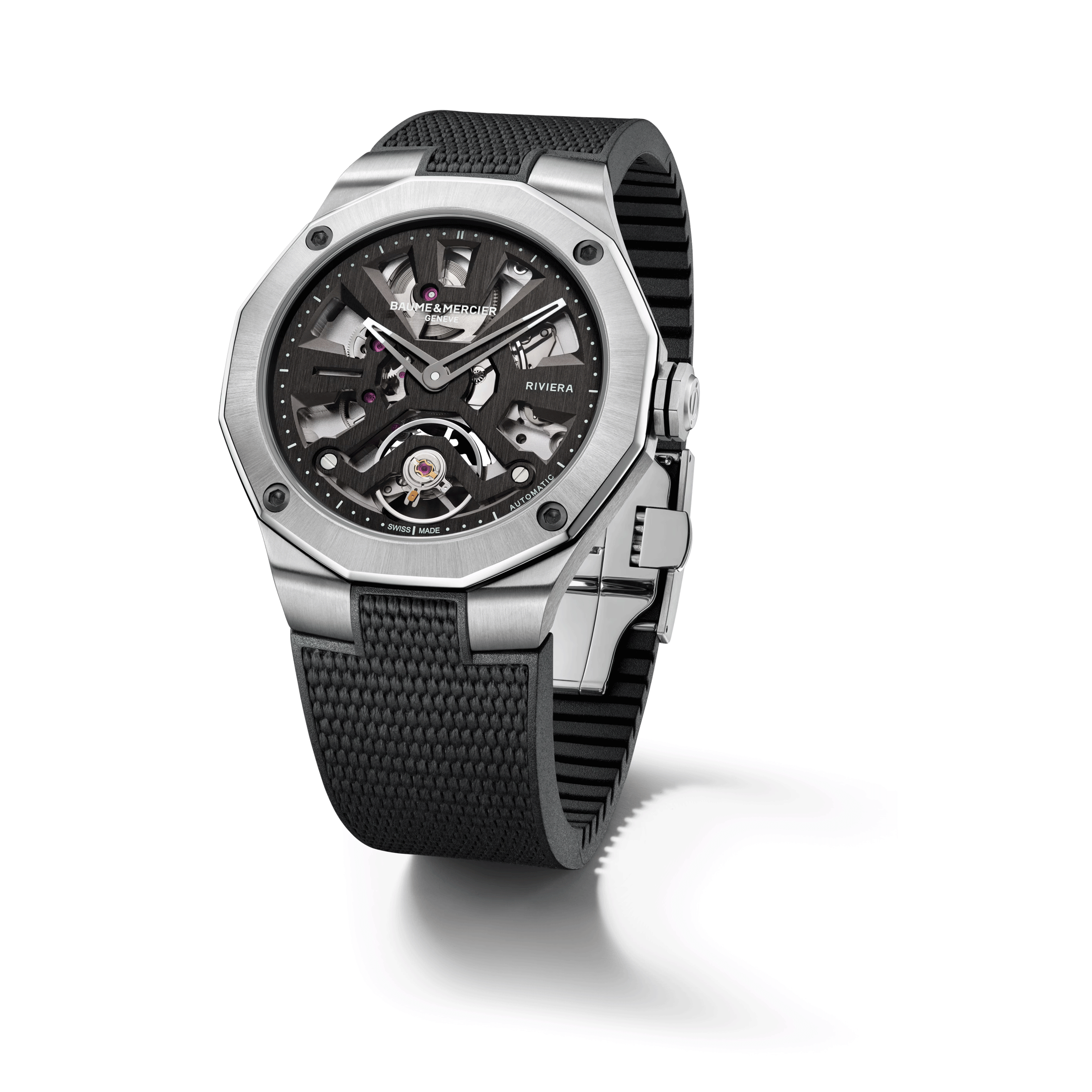 Baume et Mercier Riviera automatic watch skeleton dial black rubber strap 42 mm 10721