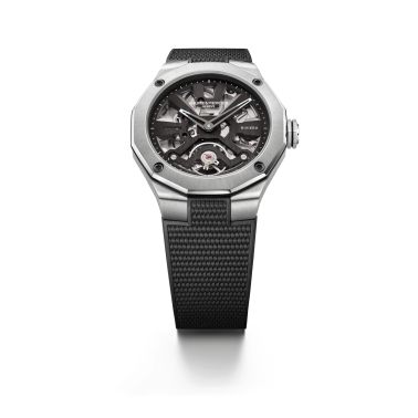 Baume et Mercier Riviera automatic watch skeleton dial black rubber strap 42 mm 10721