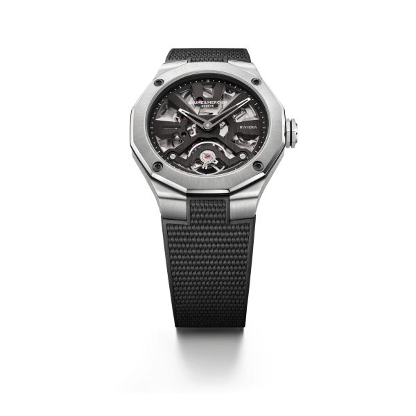 Baume et Mercier Riviera automatic watch skeleton dial black rubber strap 42 mm 10721