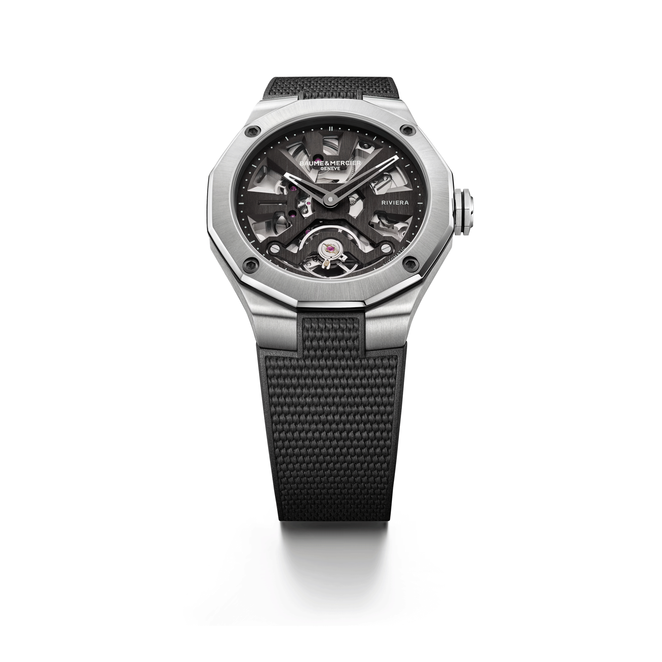 Baume et Mercier Riviera automatic watch skeleton dial black rubber strap 42 mm 10721