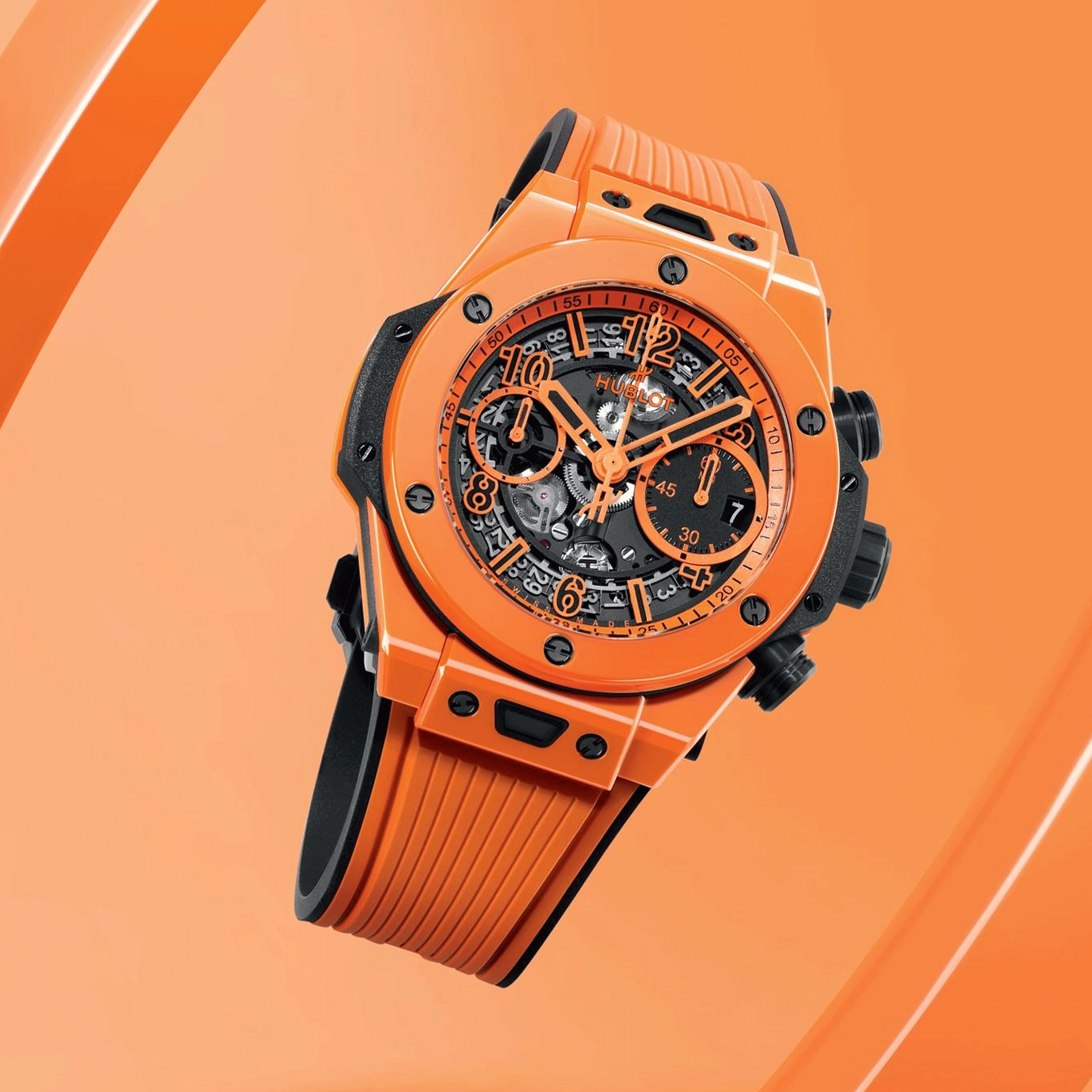 Montre Hublot Big Bang Unico Orange Ceramic automatique cadran squelette bracelet caoutchouc orange 42 mm 441.CU.5910.RX